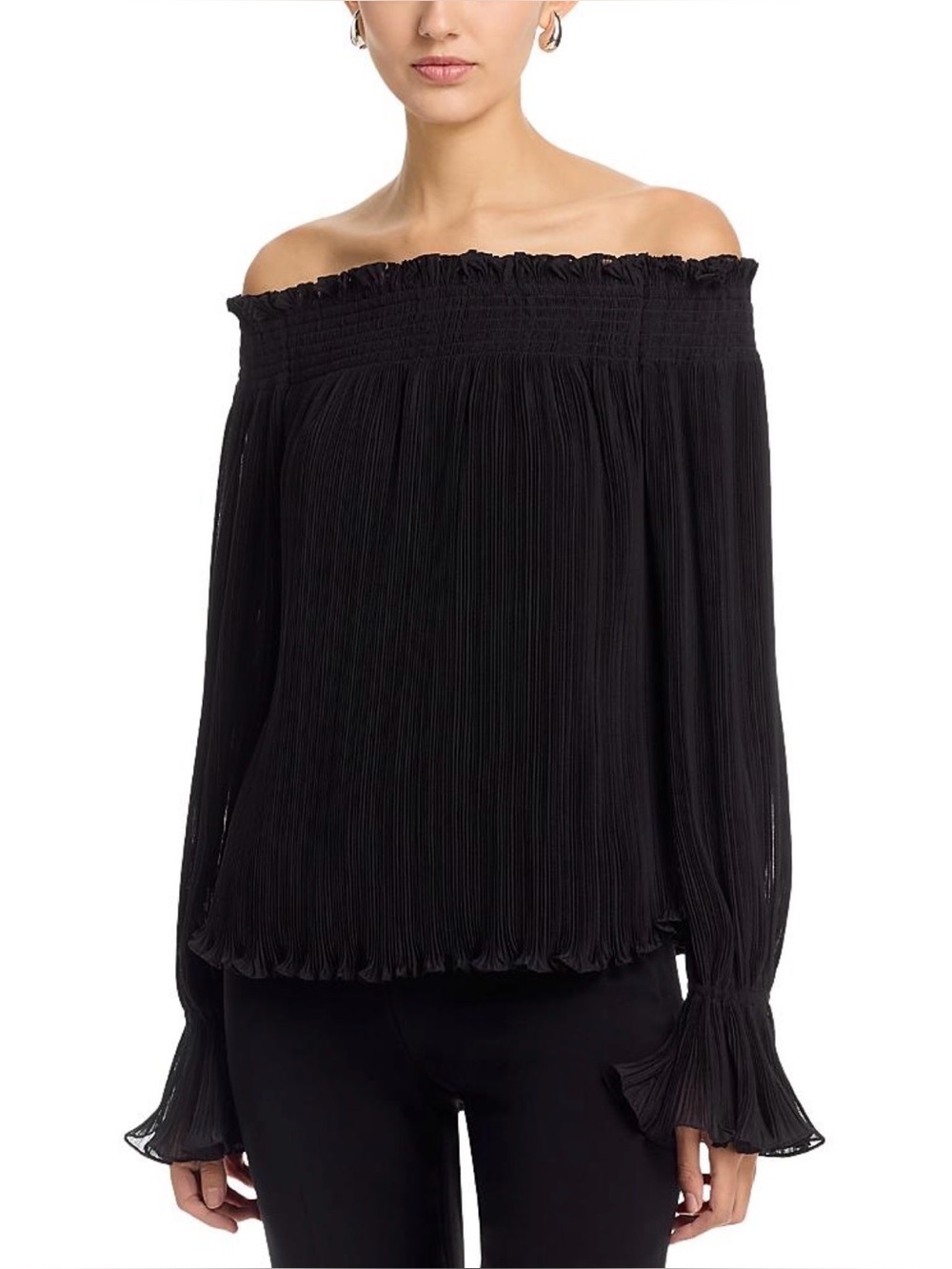 Kobi Halperin Elizabeth Plissé Off-the-Shoulder Blouse Black Size L NWT $398